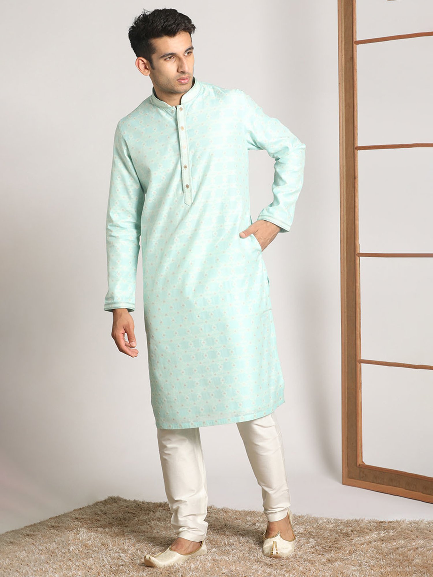 Manyavar Light Turquoise & Light Beige Kurta & Pyjamas Set