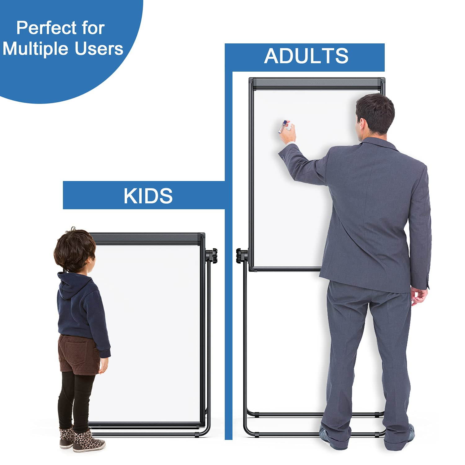 Double Sided White Board with Stands, Magnetic Whiteboard 40 x 28 inch Easel Stand, Height Adjustable Portable Dry Erase Board with 6 Magnets, 3 Markers, 1 Eraser for Home Office Teaching