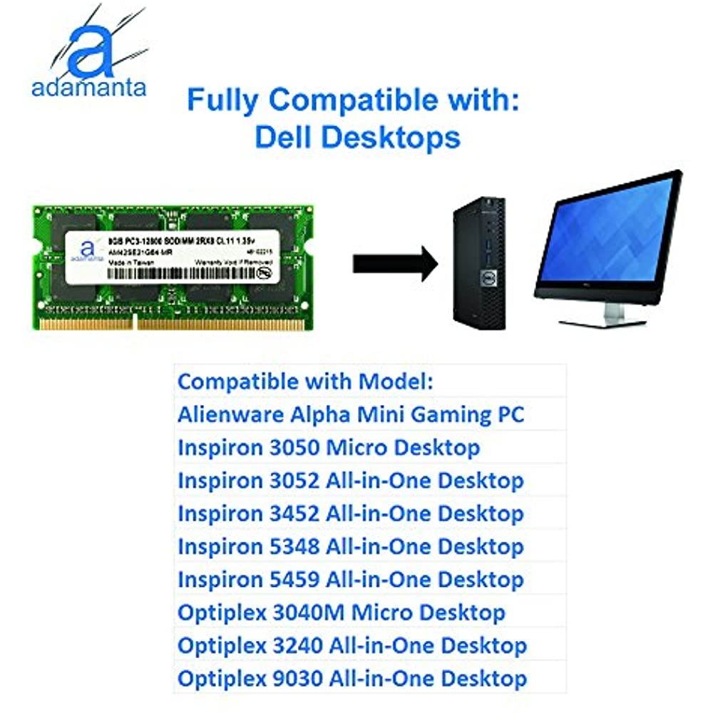 Adamanta 8GB (1x8GB) Laptop Memory Upgrade Compatible with Dell Alienware, Inspiron, Latitude, Optiplex, Precision, Vostro DDR3L 1600Mhz PC3L-12800 SODIMM 2Rx8 CL11 1.35v Notebook RAM P/N SNPN2M64C/8G