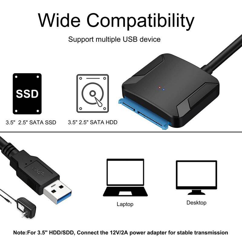 USB 3.0 to SATA Adapter Cable for 2.5" 3.5" SSD/HDD Drives, SATA to USB 3.0 External Converter 22 pin Hard Drive Connector