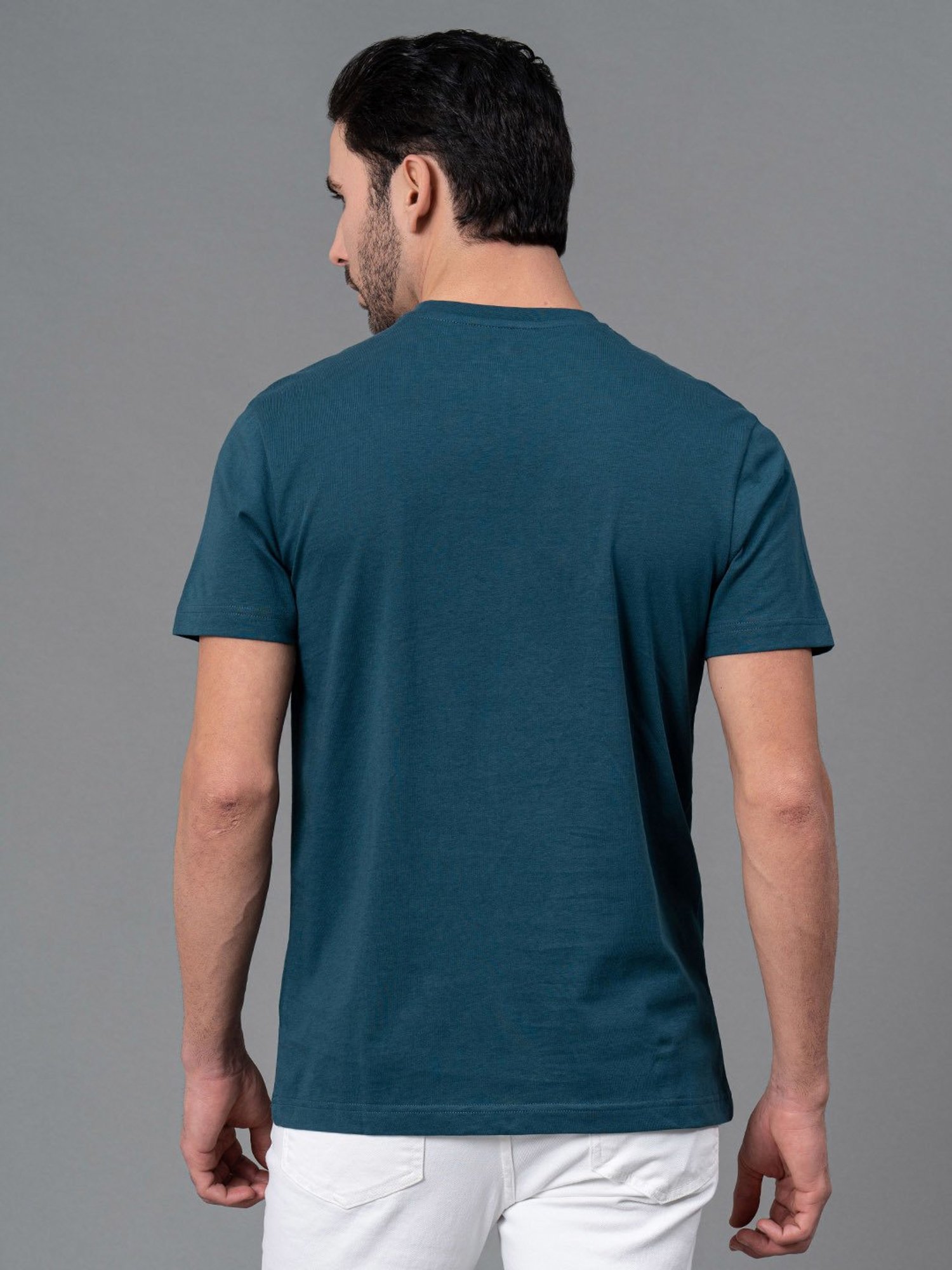 Red Tape Teal Blue Regular Fit Graphic Print Cotton Crew T-Shirt