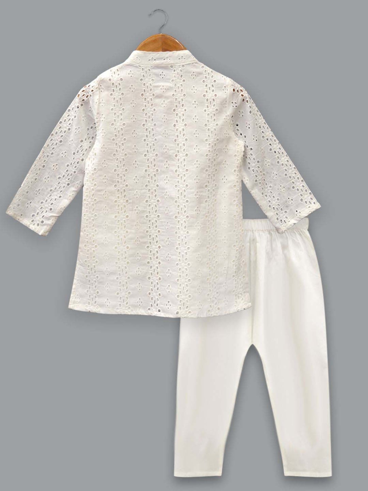 A.T.U.N. Boys White Cotton Printed Full Sleeves Kurta Set