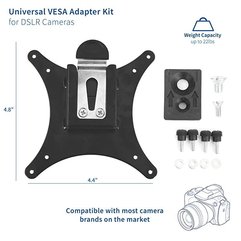 Universal VESA Adapter Bracket Kit for DSLR Cameras/Camcorders, 1/4 inch Mount, Photo and Video Shooting, Attaches to Monitor Stands for Overhead Placement, 75x75mm and 100x100mm, MOUNT-V00CAM