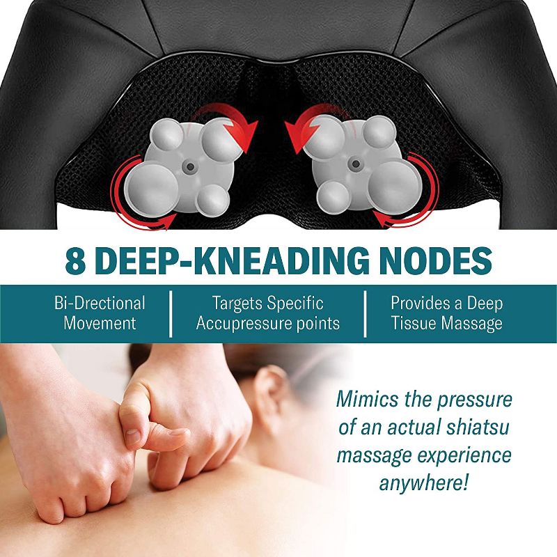 Belmint Electric Deep Kneading Portable Shiatsu Neck Back and Shoulder Massager with Optional Heat, 3 Speed Settings, and Wall Car AC Adapters, Black