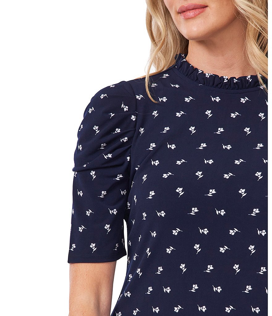 CeCe Elbow Puff Sleeve Ruffled Mock Neck Tulip Ditsy Knit Dress