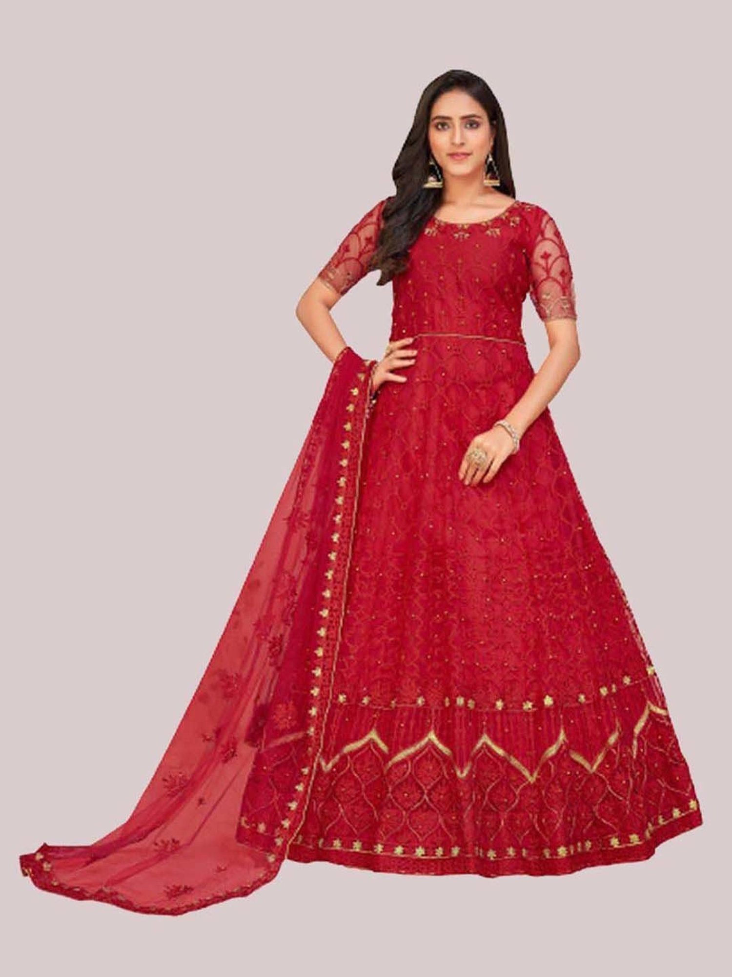 Warthy Ent Red Embroidered Semi Stitched Dress Material