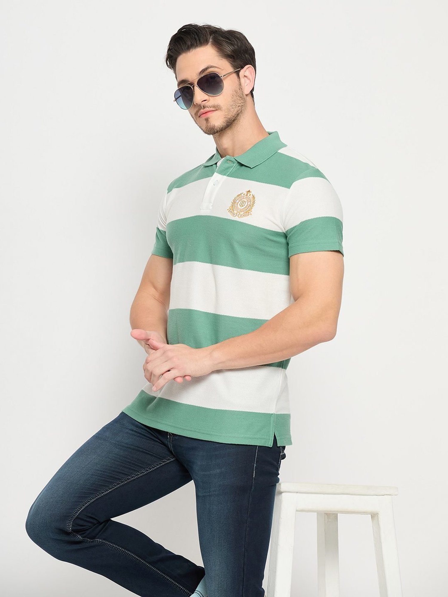 Duke Green & White Slim Fit Striped Polo T-Shirt