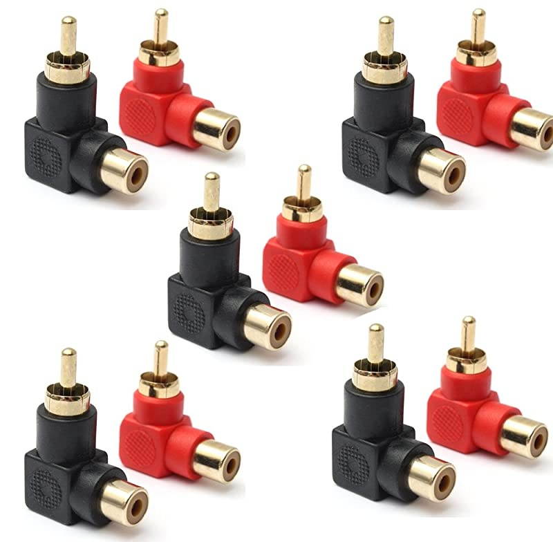 Male to Female Connectors Right Angle Plug Adapters M/F 90 Degree Elbow Gold-Plated (10 Black + 10 Red) (20-Pack)
