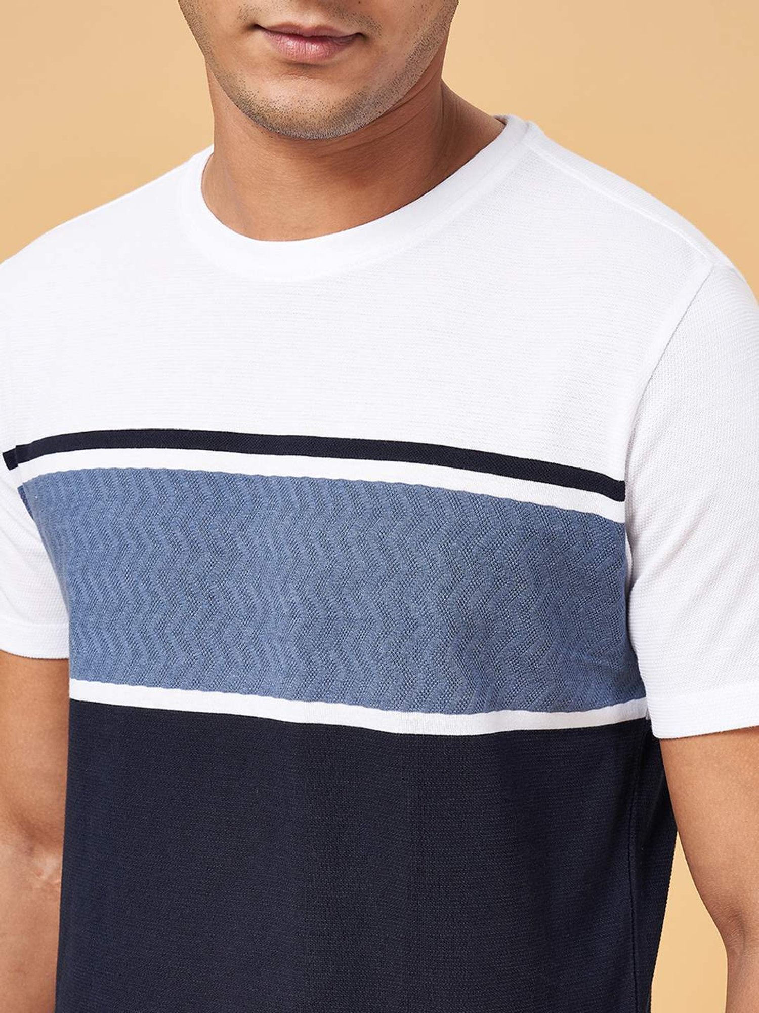 Urban Ranger by Pantaloons Navy & White Cotton Slim Fit Colour Block T-Shirt