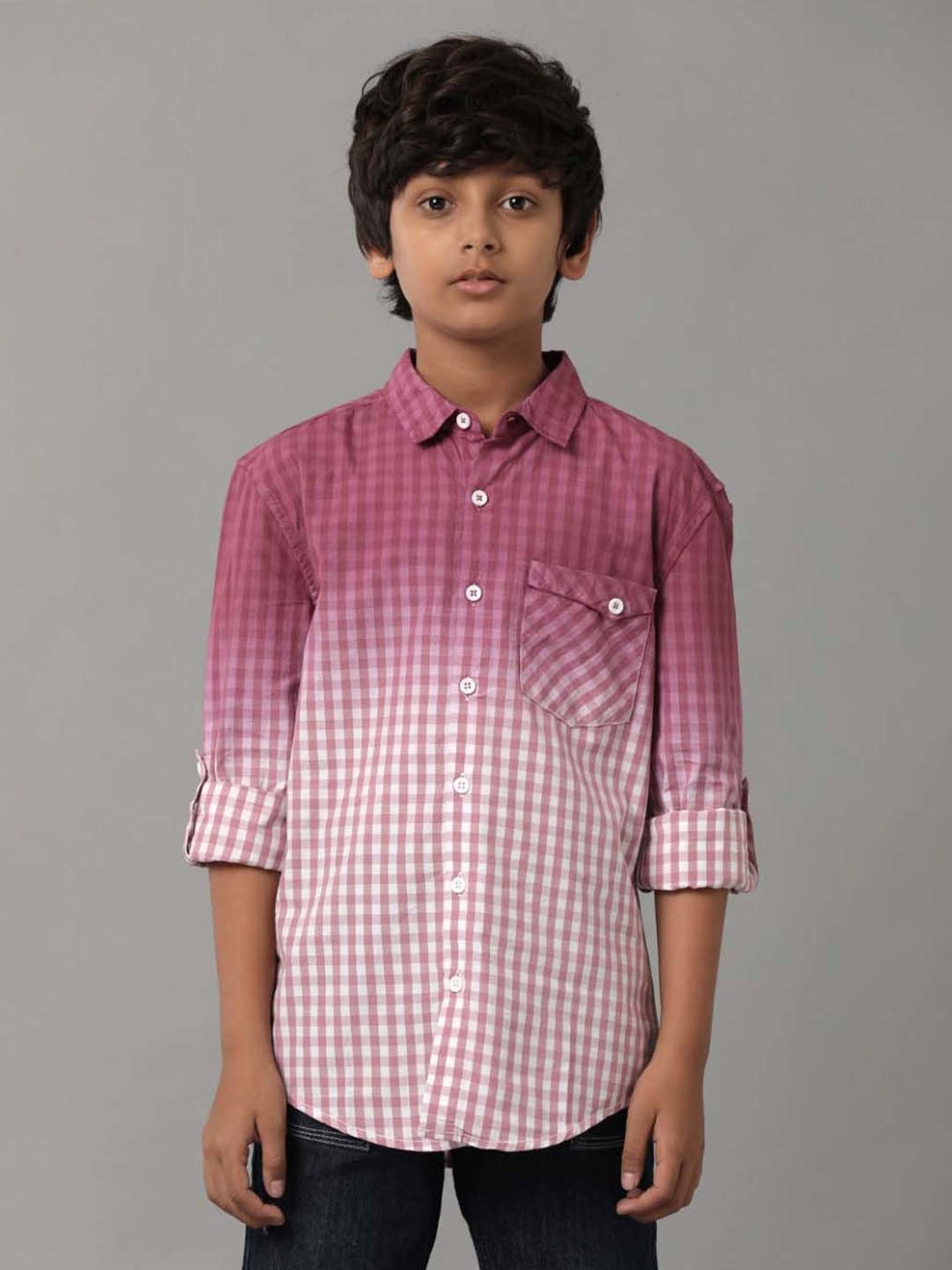 Under Fourteen Only Kids Pink Cotton Chequered Full Sleeves Shirt