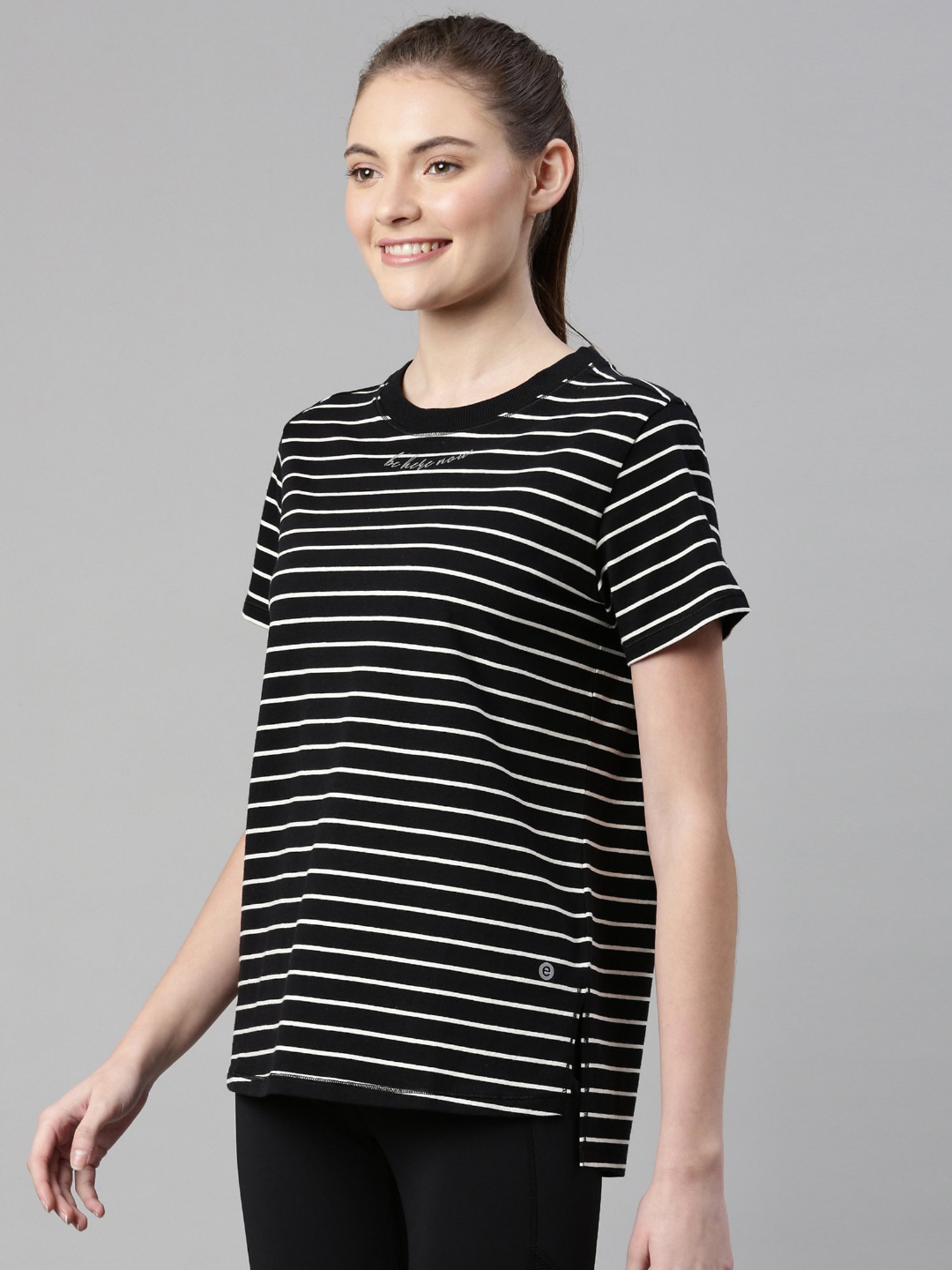 Enamor Black Cotton Striped Sports T-Shirt