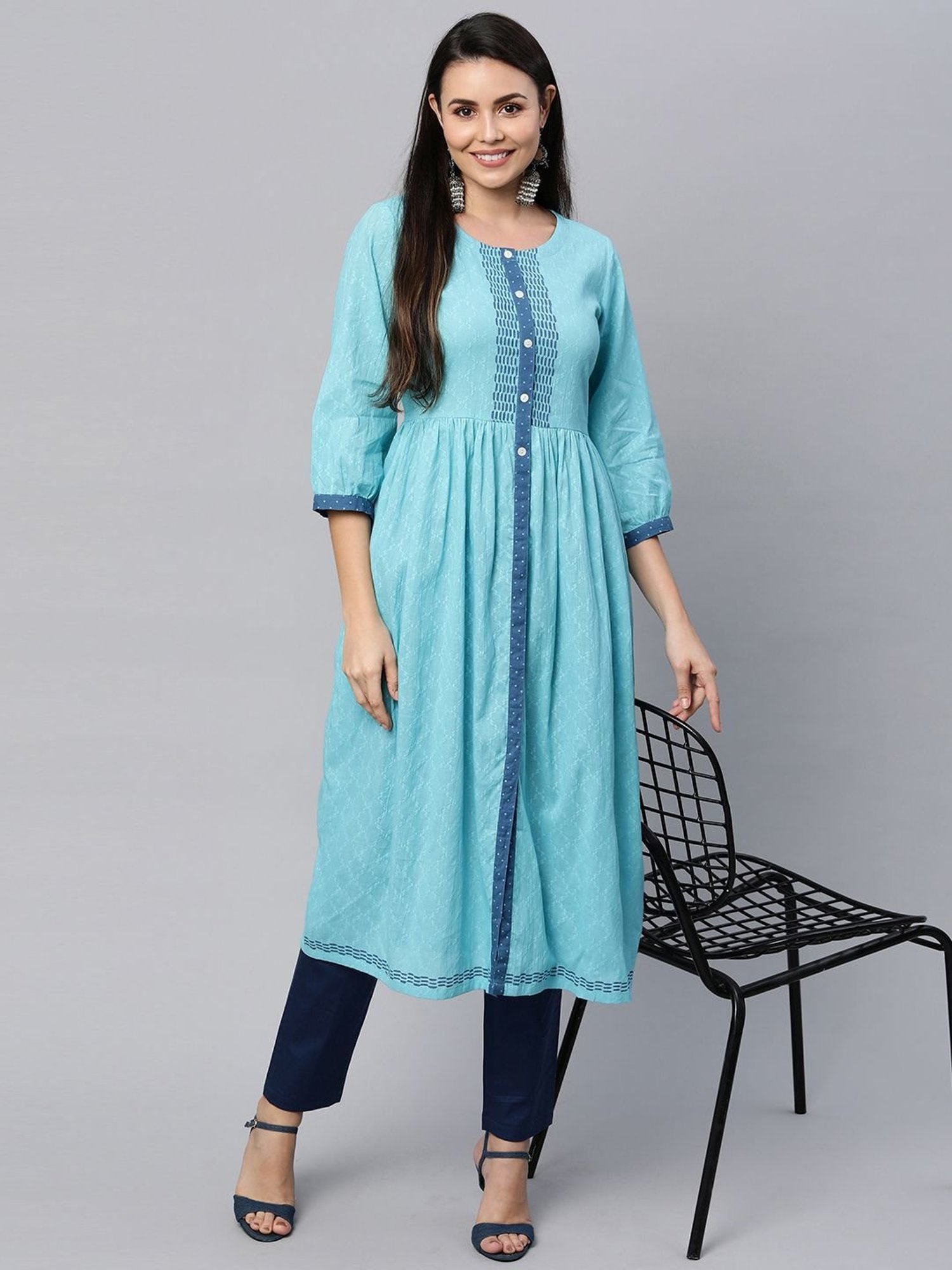 Kami Kubi Blue Cotton Woven Pattern A Line Kurta