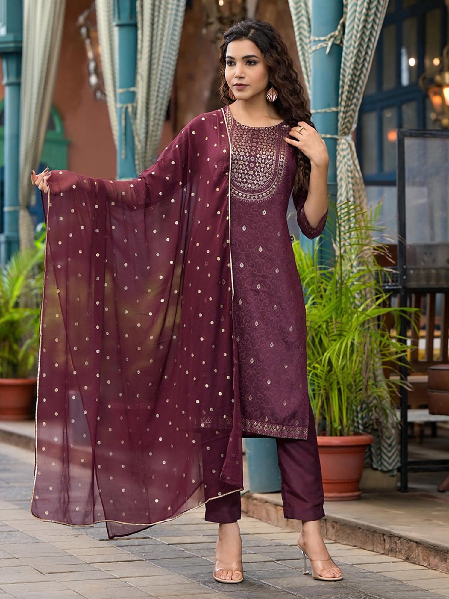 Juniper Wine Printed Kurta With Pant & Dupatta