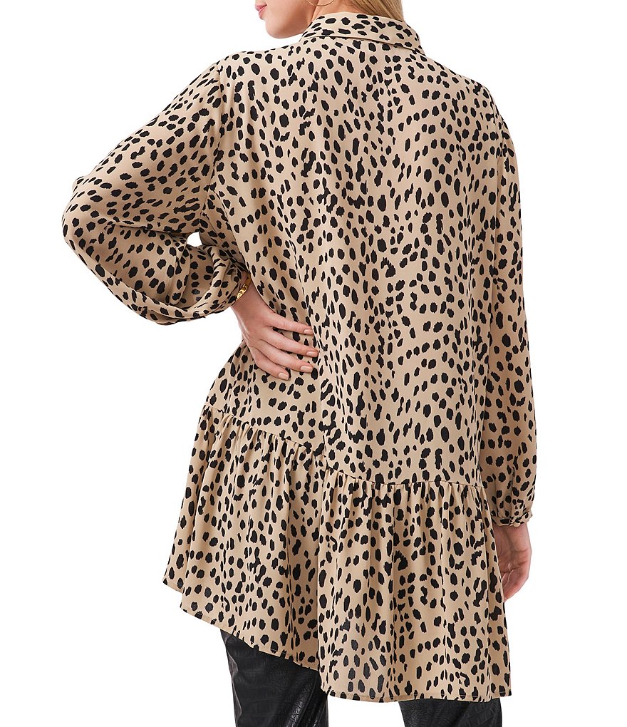 Vince Camuto Petite Size Animal Reset Long Sleeve Point Collar Neck Button Down Hi-Low Ruffle Hem Tunic