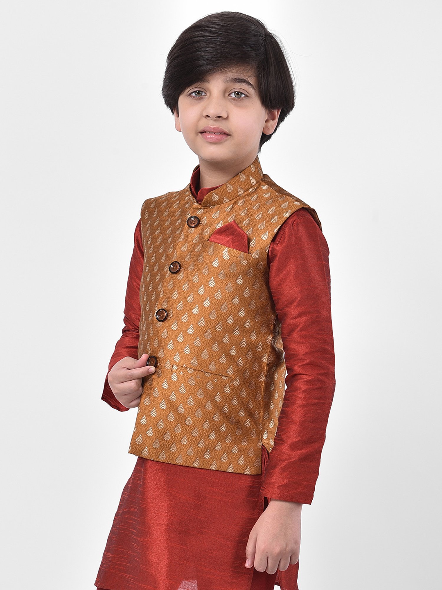 Deyann Kids Brown Embroidered Nehru Jacket