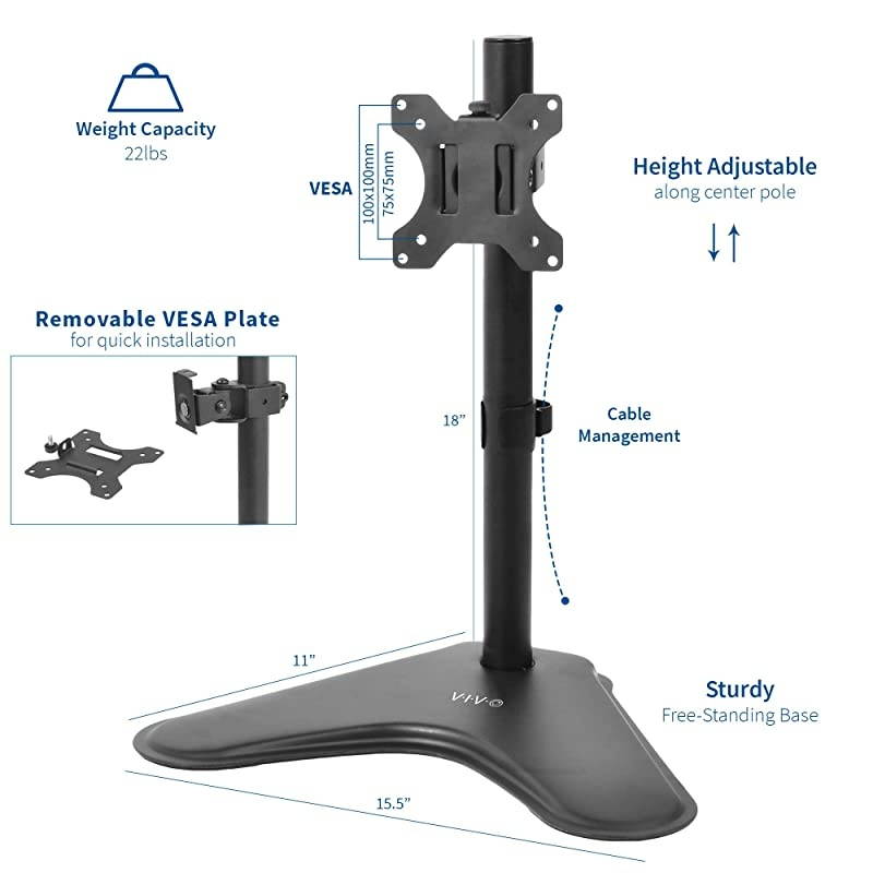 Single Monitor Stand Freestanding VESA Steel Mount Base Riser fits 13 to 32 inch Screens Adjustable Height Tilt Swivel Rotation STANDV001H