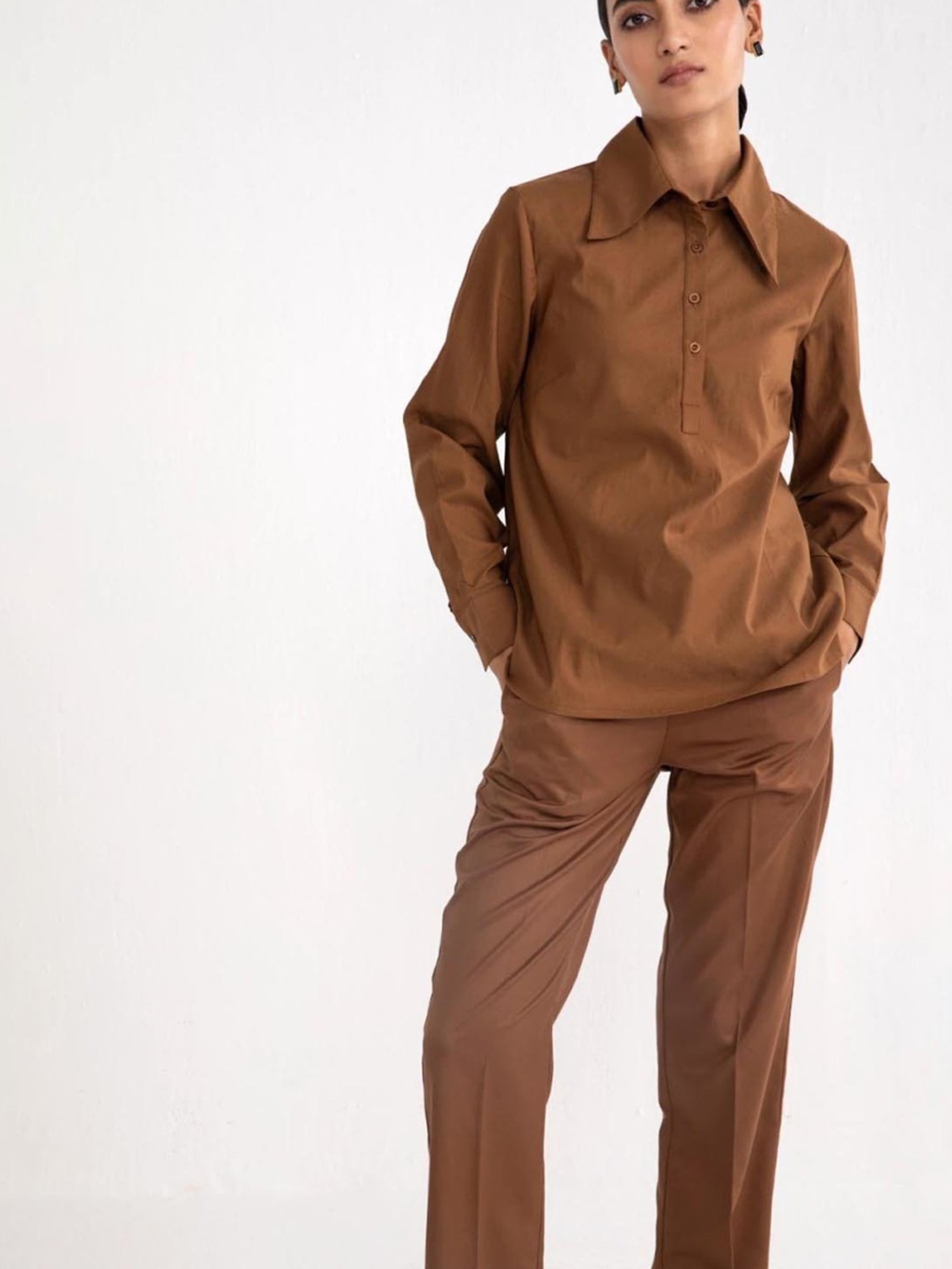 Qua Coffee Brown Elasticated Straight Trousers