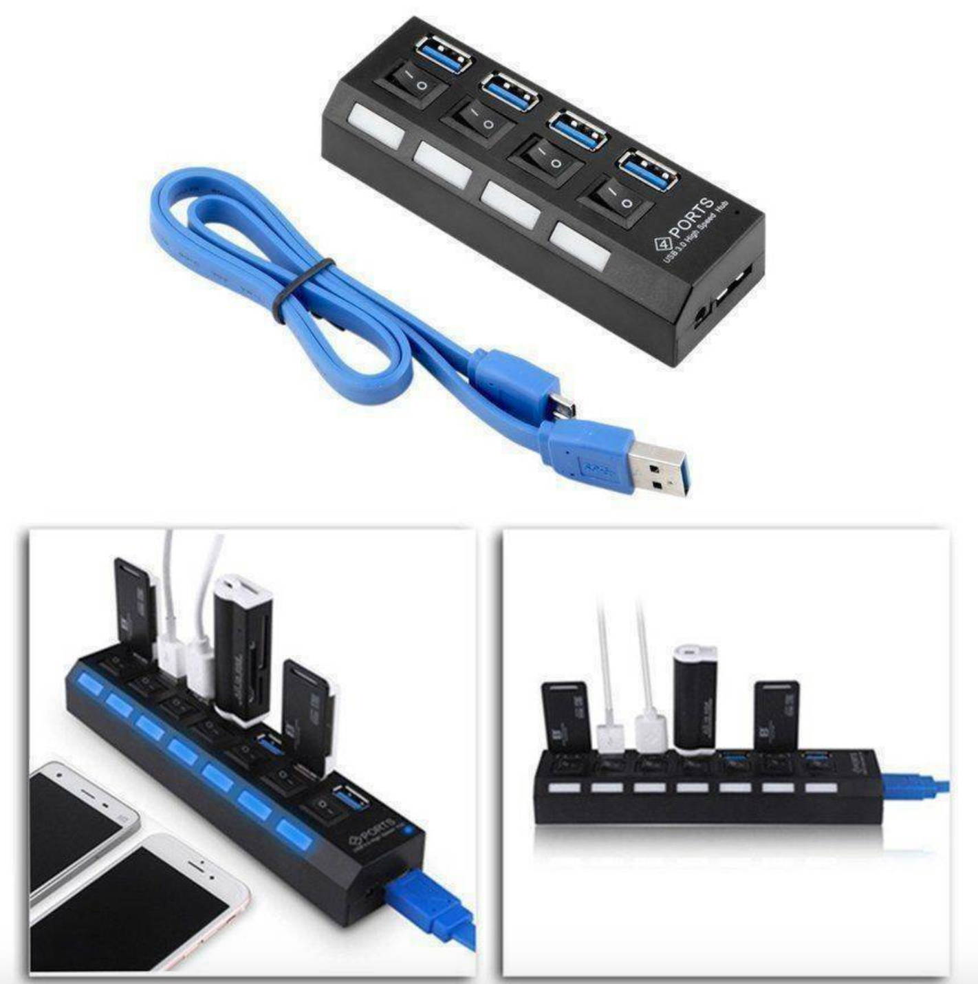 4 Ports Powered USB 3.0 Multi HUB Splitter Box External AC Adapter PC Laptop