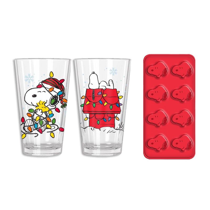 Silver Buffalo Peanuts Holiday Snoopy 16oz Pint Glasses with Ice Tray Set