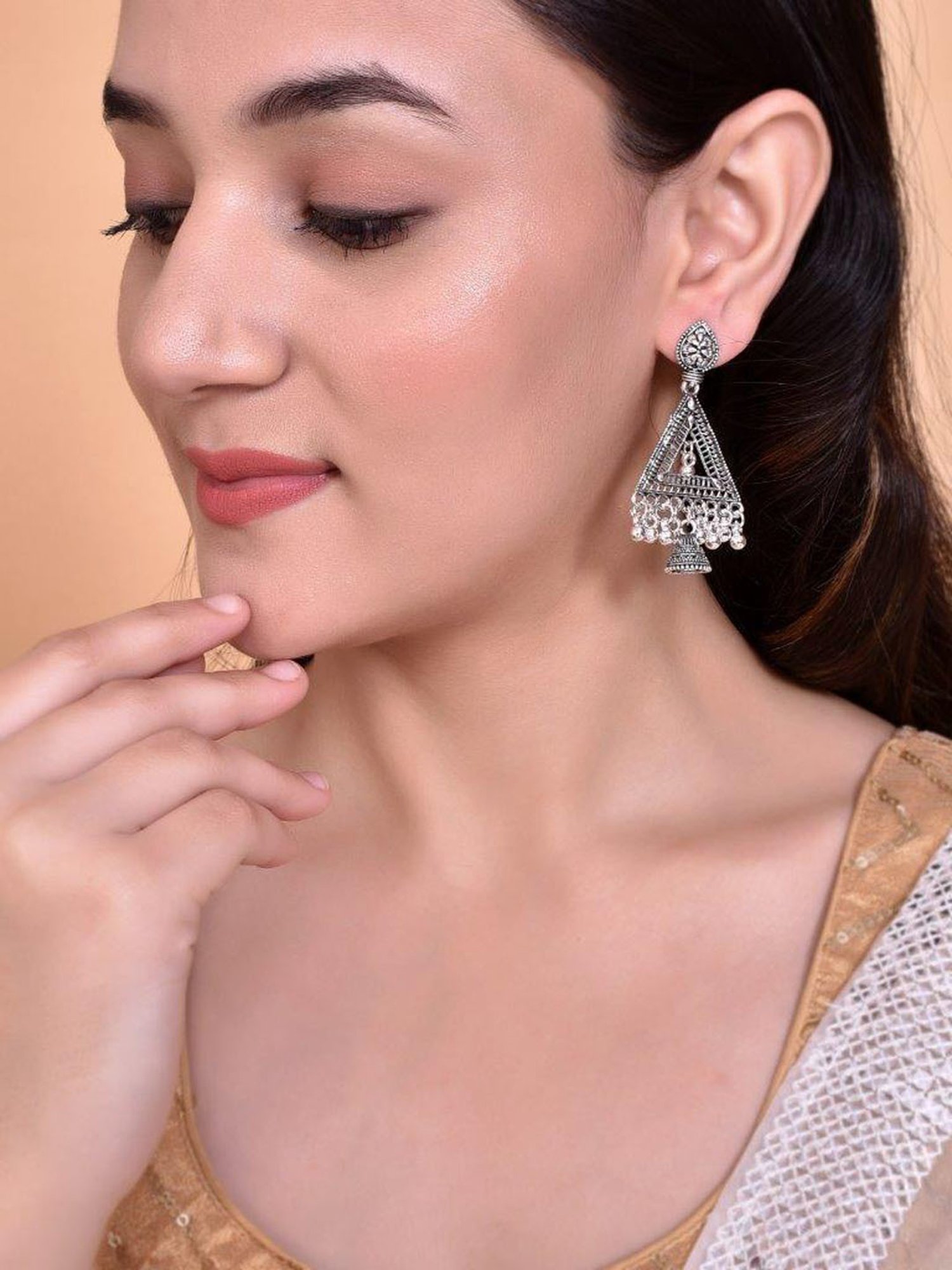 VOJ Studded Triangle Oxidised Silver Plated Contemporary Drop Earrings for Women