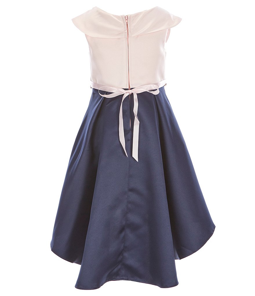 Rare Editions Little Girls 2T-6X Bow-Waist Satin/Jacquard-Stripe Hi-Low Ballgown