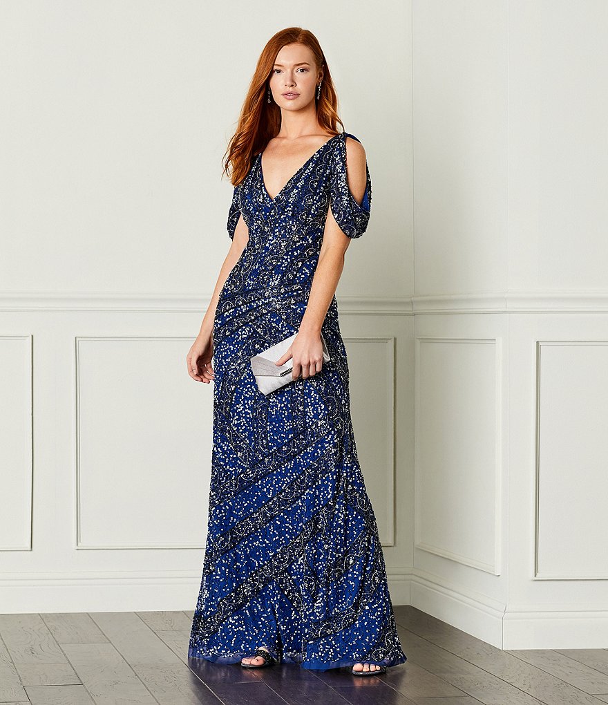 Aidan Mattox V-Neck Beaded Cold Shoulder Gown