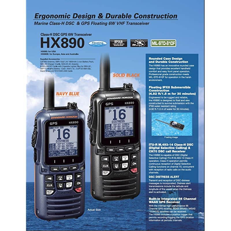 HX890 Handheld VHF Navy Blue - Floating 6 Watt Class H DSC Two Way Radio