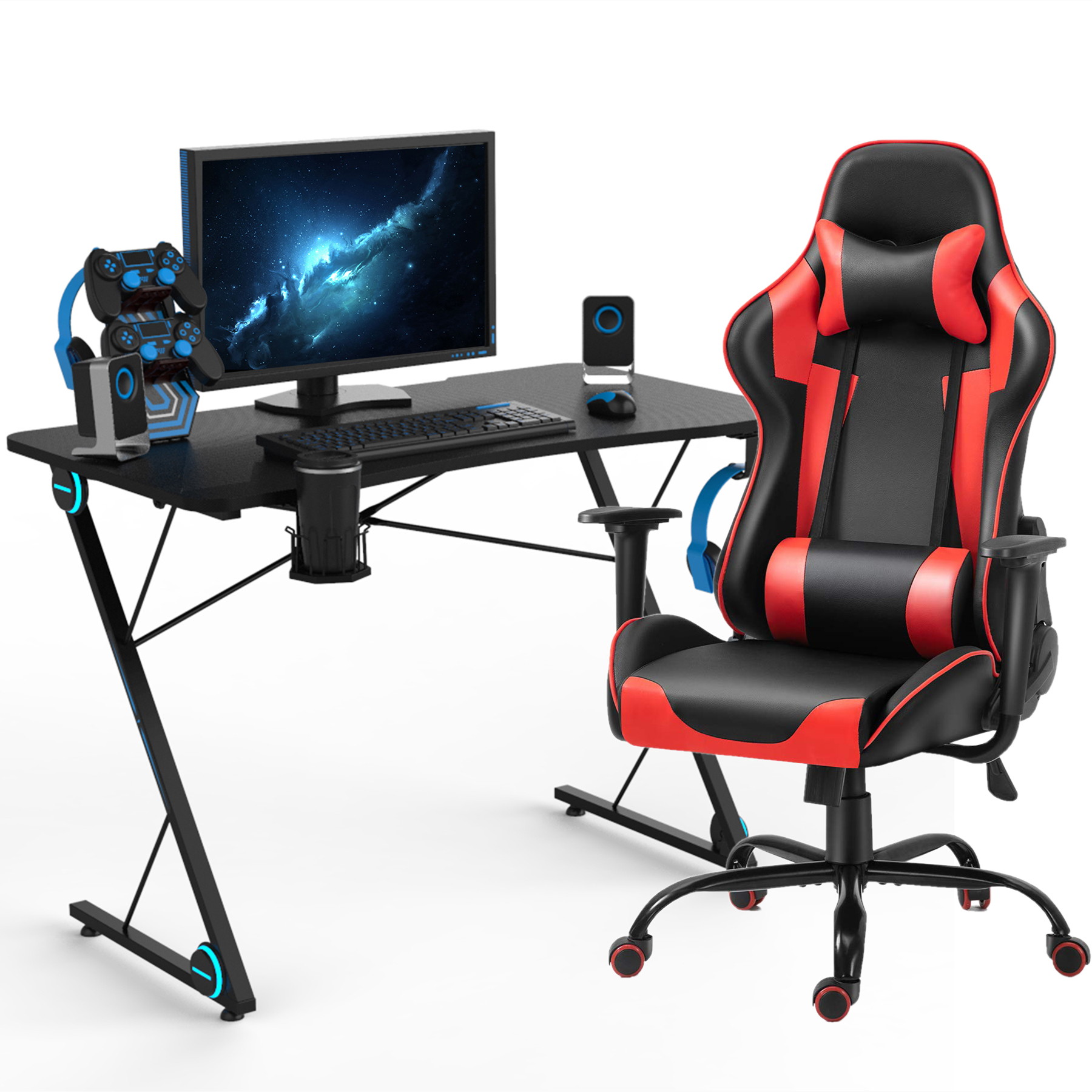 43.3 Inch Gaming Desk with High Back Red PU Leather Gaming Chair Ergonomic Home Office Desk and Chair Set Z-Shaped E-Sport Gamer Workstation with LED Lights Carbon Fiber Surface and Cup Holder