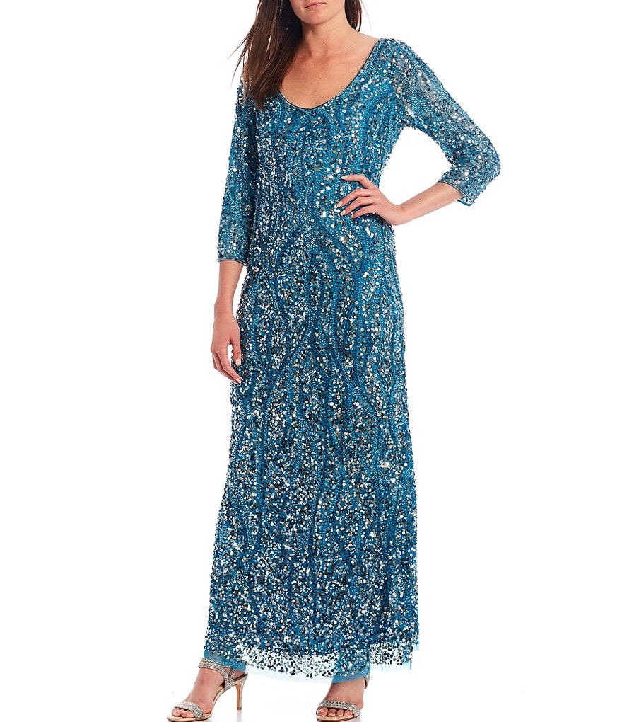 Pisarro Nights Beaded Mesh V-Back 3/4 Sleeve Sheath Gown