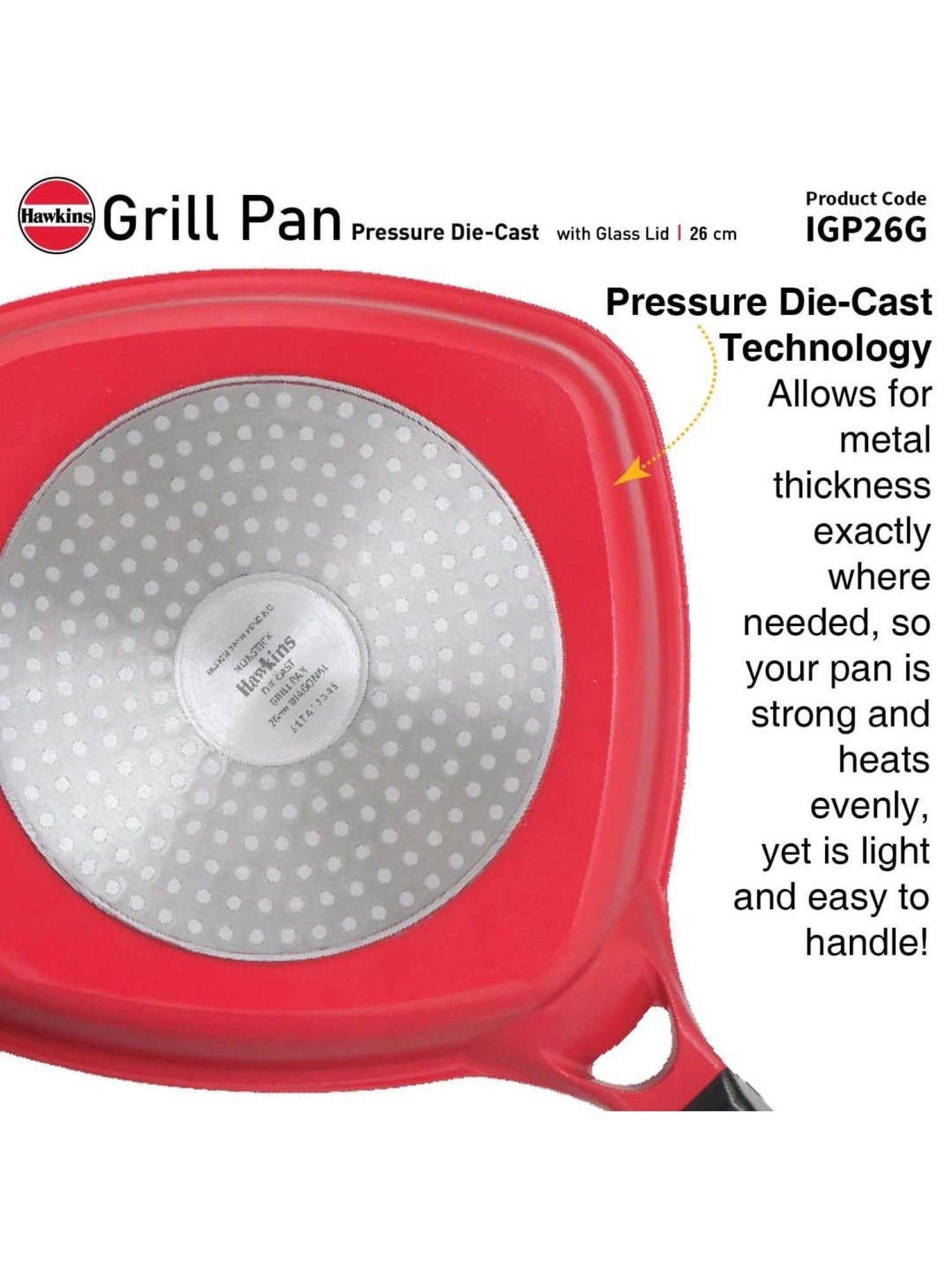 Hawkins Red Ceramic 26 cm Die Cast Square Grilling Pan With Glass Lid (Igp26G) (1.18 L)