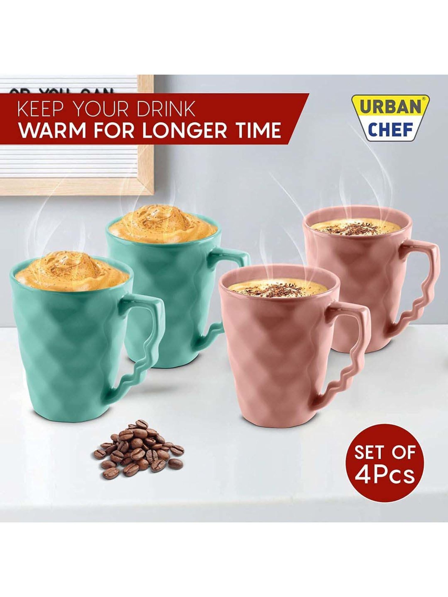Urban Chef Pink & Blue Ceramic Microwave Safe Coffee Mug (0.225 L) - Set of 4
