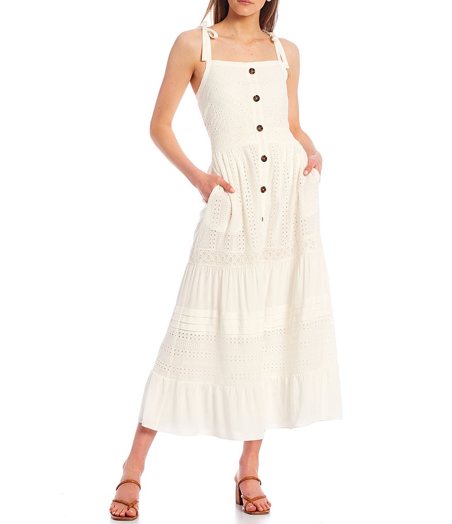 Adelyn Rae Tie Strap Cotton Eyelet Square Neck Sleeveless Midi Dress