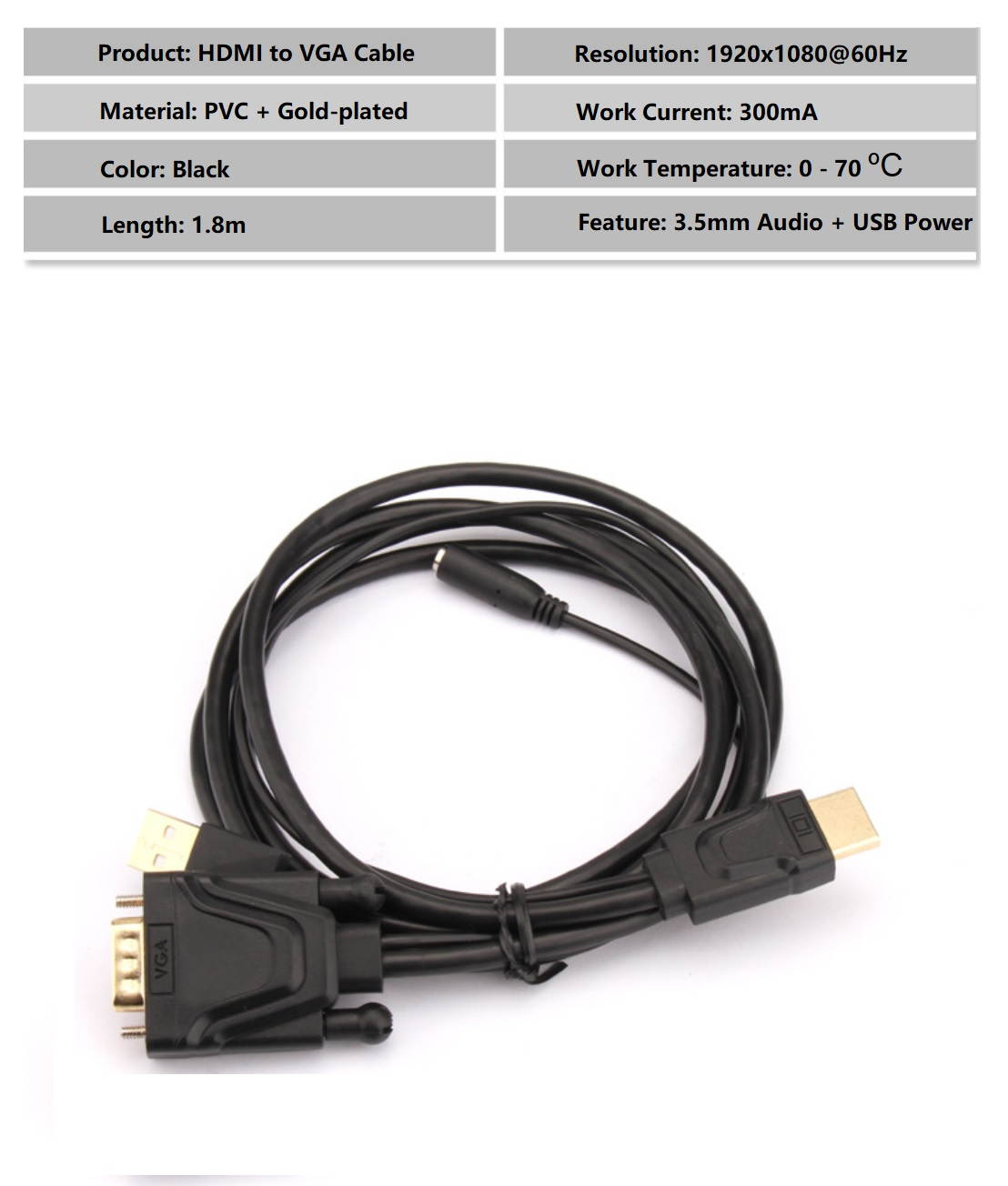 1.8m HDMI to VGA Cable Male To Famale Converter 1080P Video Cable with 3.5mm Audio and USB Power Supply.