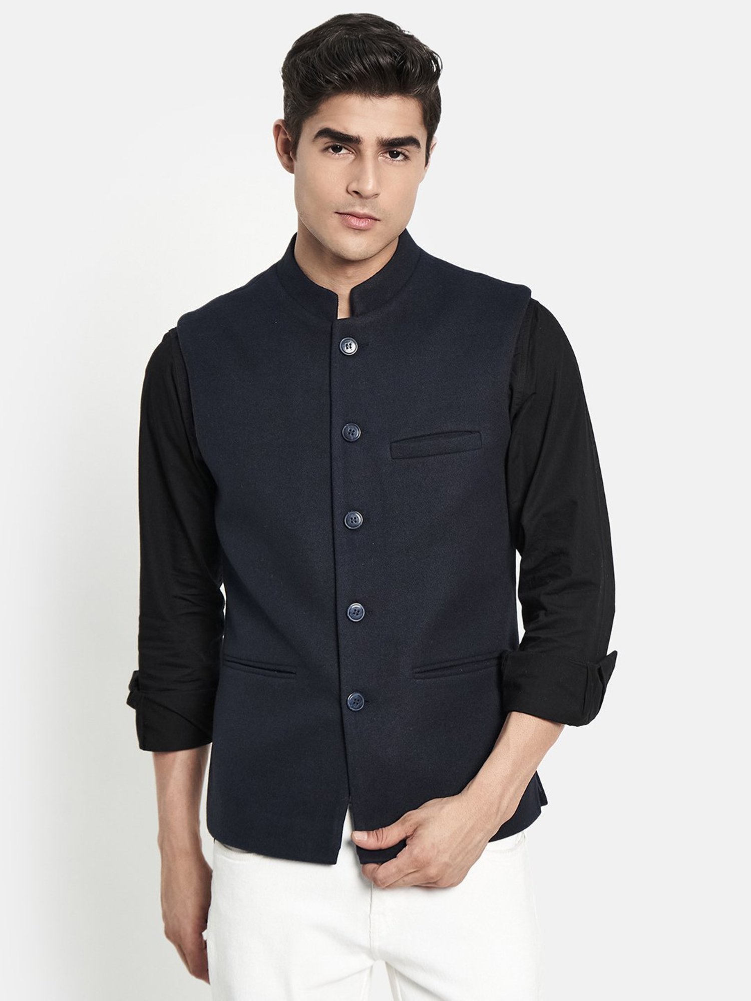 METTLE Navy Mandarin Collar Nehru Jacket