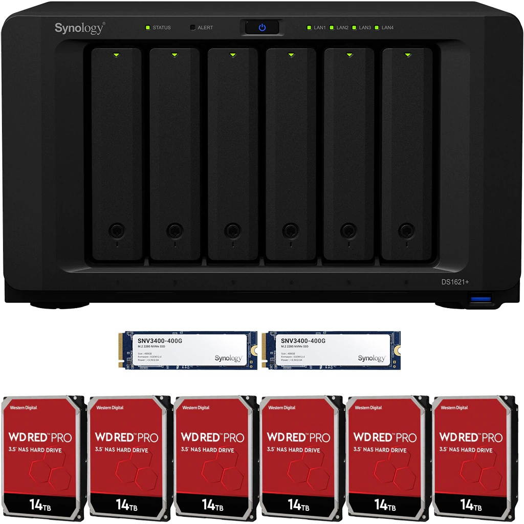 Synology DS1621+ DiskStation with 32GB RAM and 84TB (6 x 14TB) of Western Digital PRO NAS Drives and 800GB (2x400GB) NVME Cache Fully Assembled and Tested By CustomTechSales