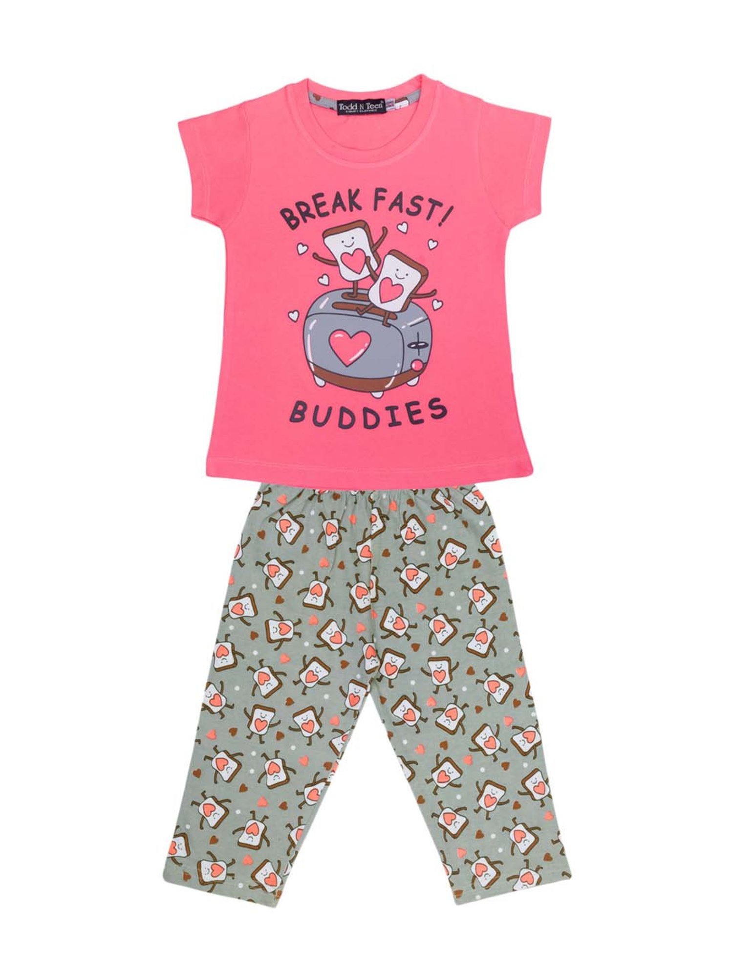 Todd N Teen Kids Pink & Green Cotton Printed T-Shirt & Capris - Pack of 2