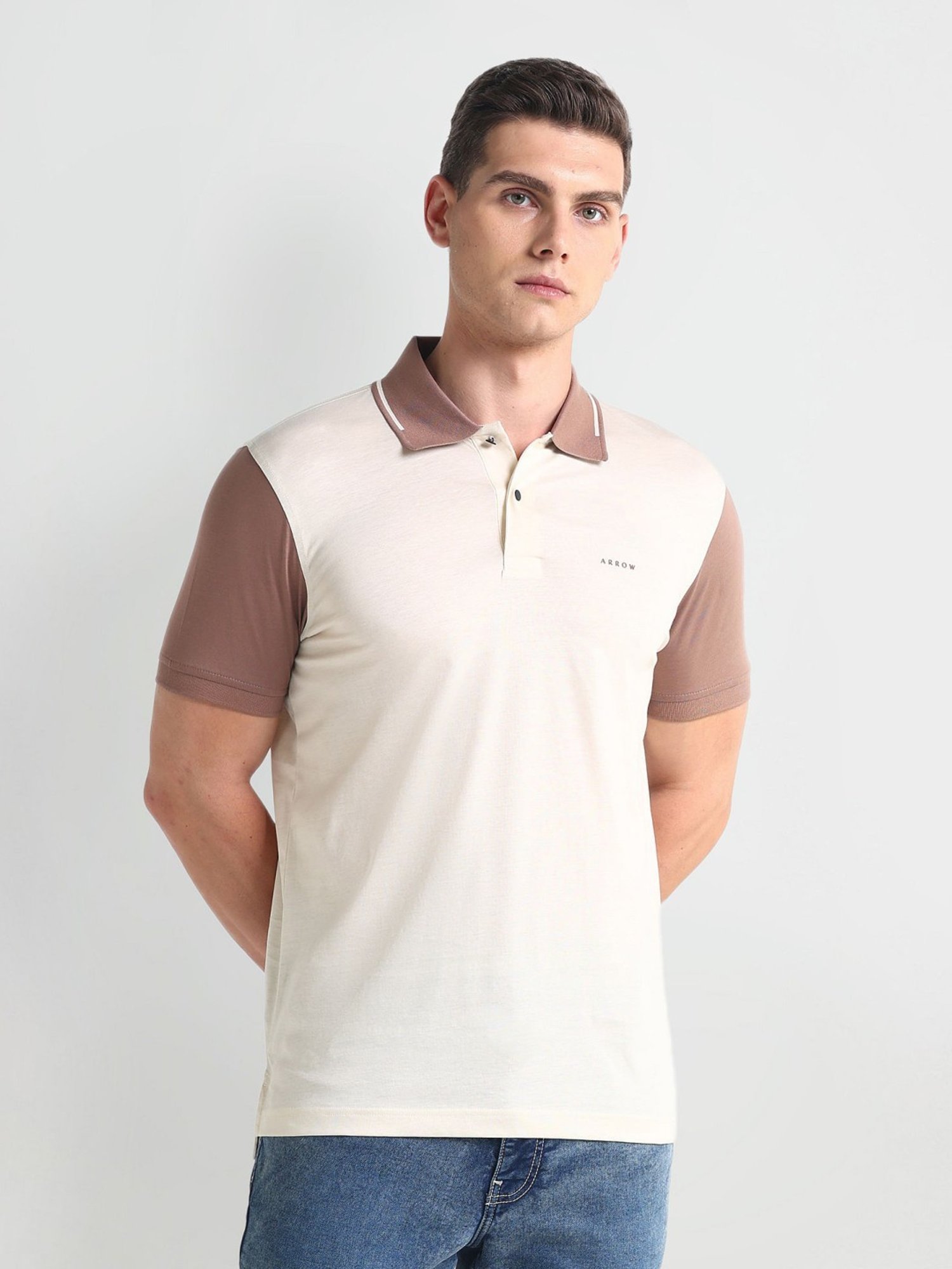 Arrow Newyork Beige Cotton Regular Fit Colour Block Polo T-Shirt