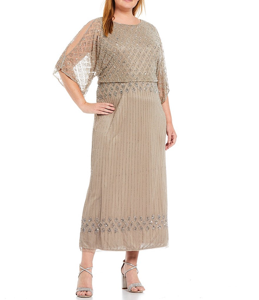 Pisarro Nights Plus Size Round Neck 3/4 Flutter Sleeve Beaded Bodice Blouson Gown