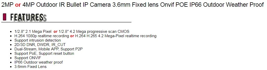 CCTV Eyemax 4MP Outdoor IR Bullet IP Security Camera 3.6mm Fixed lens Onvif POE IP66 Outdoor Weather Proof