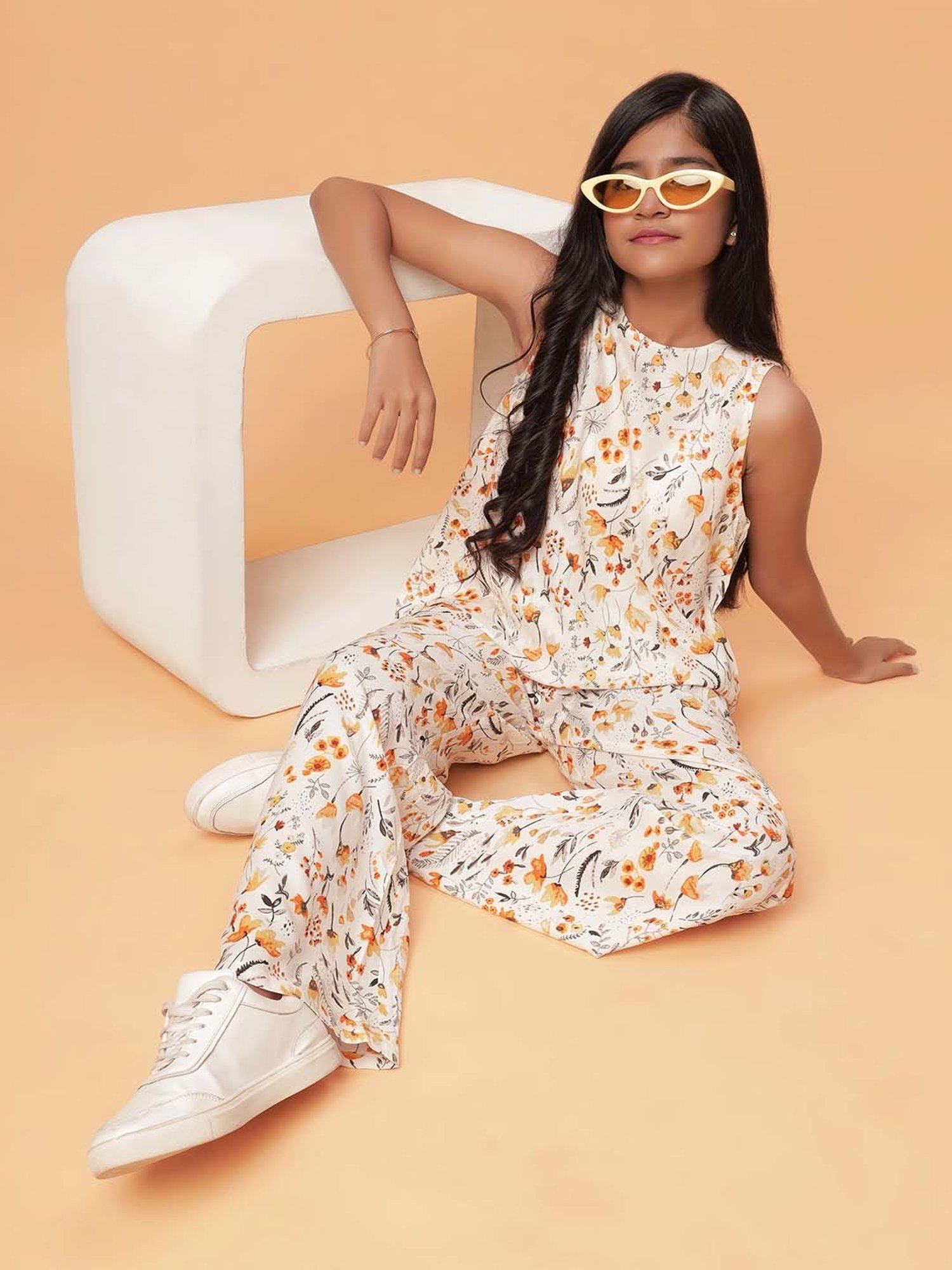TeenTrums Kids White & Yellow Floral Print Top Set