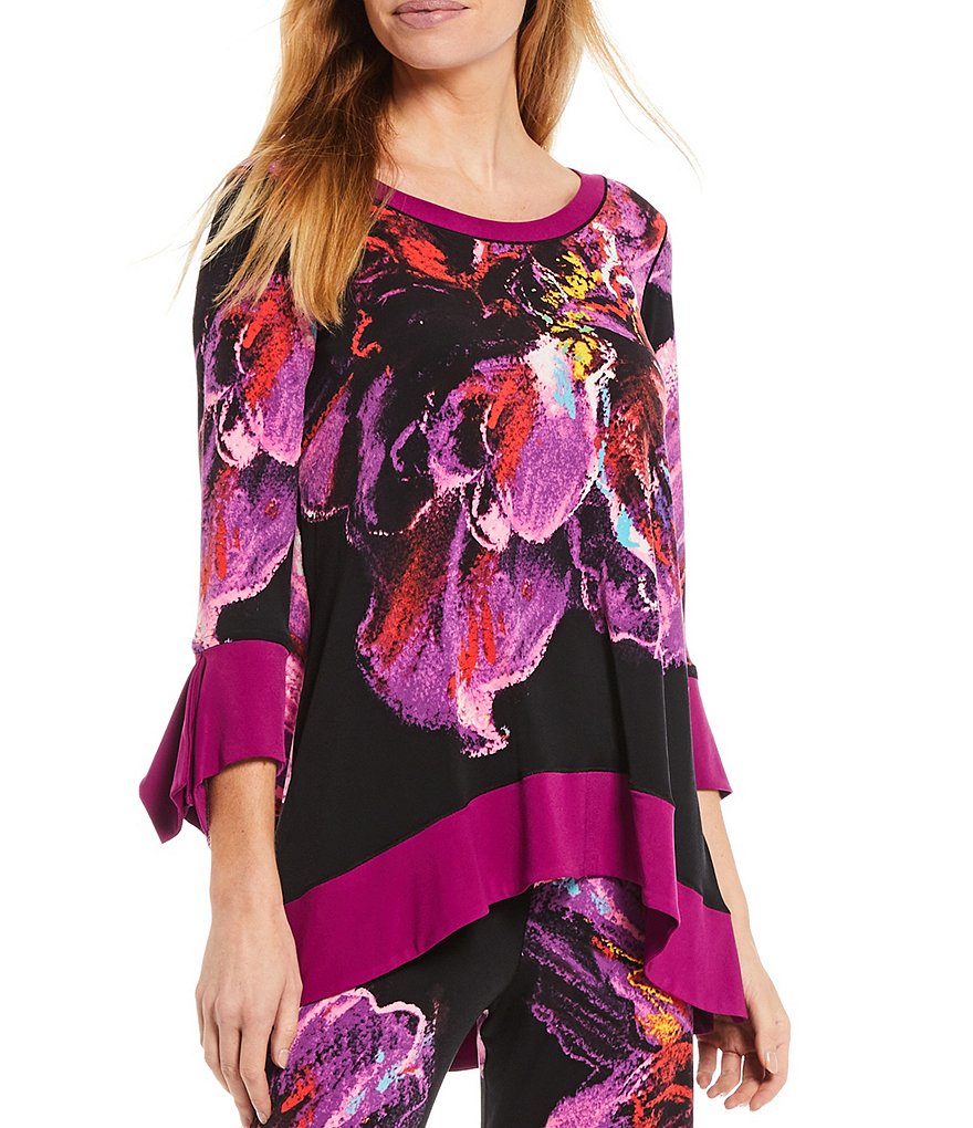 Eva Varro Floral Placement Print Contrast Trim Crew Neck 3/4 Flutter Sleeve Hi-Low Coordinating Tunic