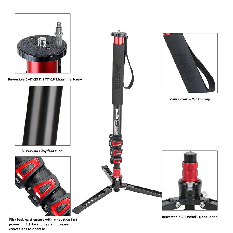 A324D Aluminum 67 Inch Video Monopod 4 Section with Tripod Feet Compatible for DSLR Camera Camcorder