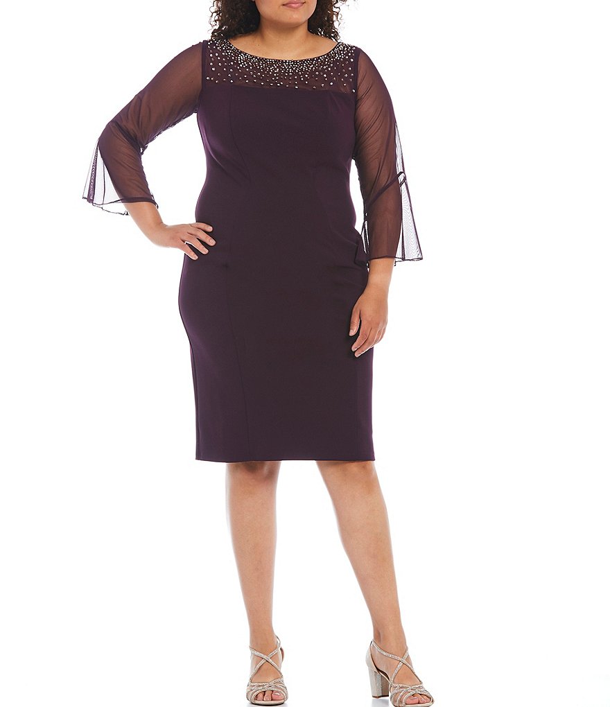 Alex Evenings Plus Size Stretch Crepe Embellished 3/4 Bell Sleeve Illusion Boat Neck Sheath Dress
