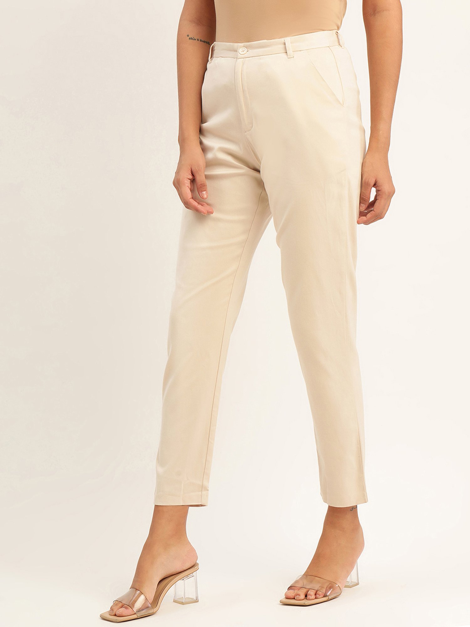 Rooted Beige Regular Fit Flat Front Trousers