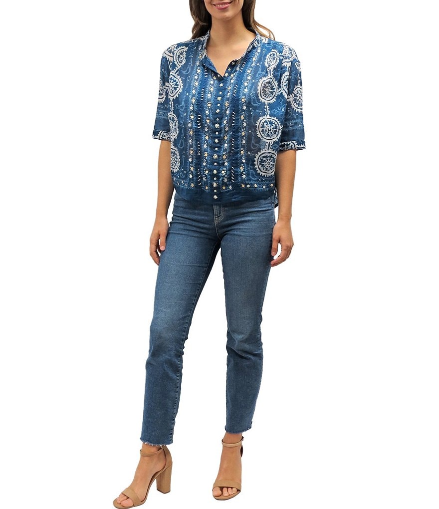 Karyn Seo Embroidered Short Sleeve Split V-Neck Tobi Beaded Blouse