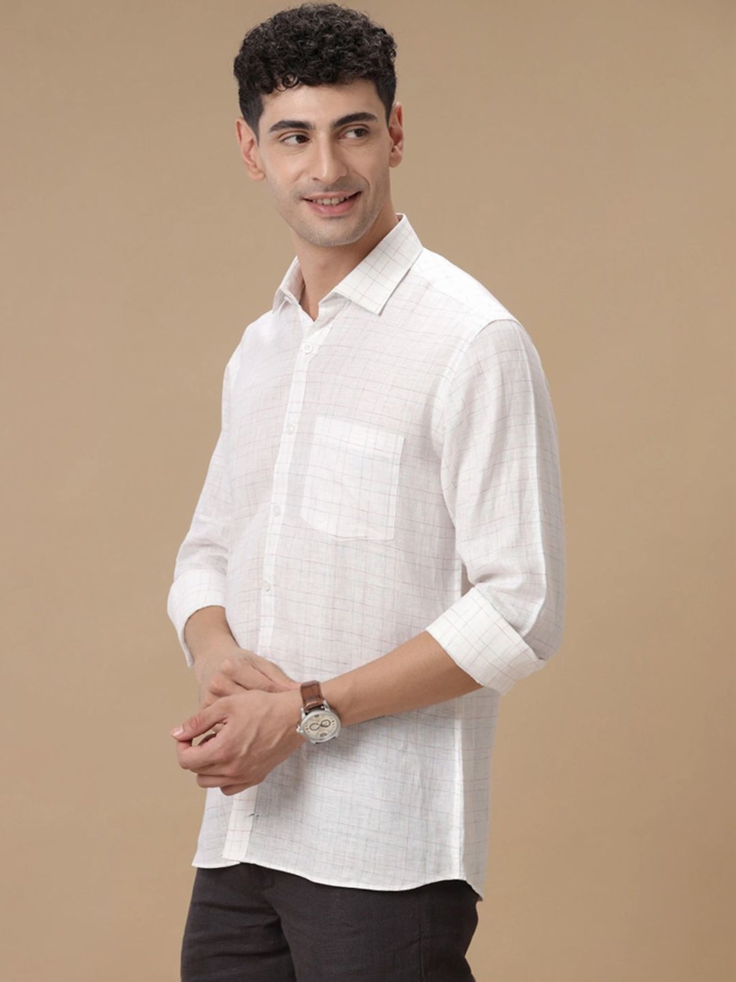 Linen Club White Linen Contemporary Fit Checks Shirt