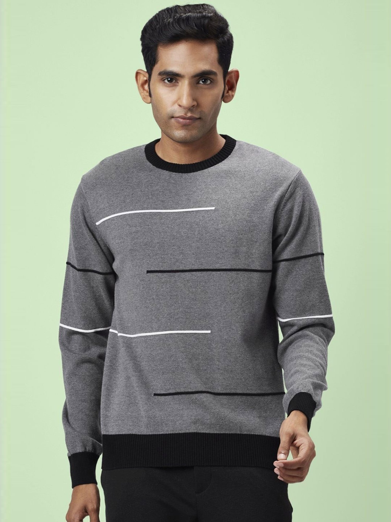 Byford By Pantaloons Grey Melange Cotton Regular Fit Printed Sweaters