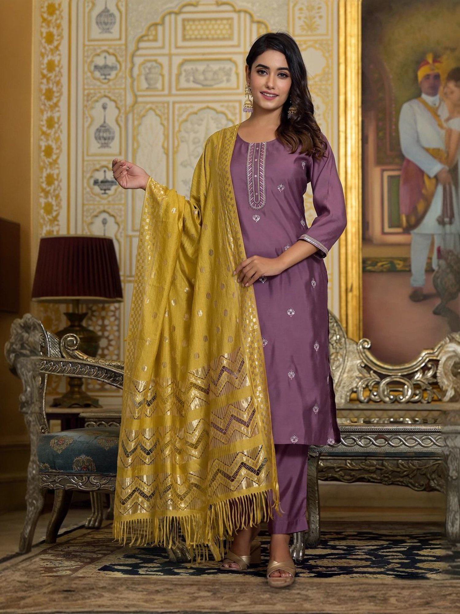 Juniper Purple Embroidered Kurta Pant Set With Dupatta