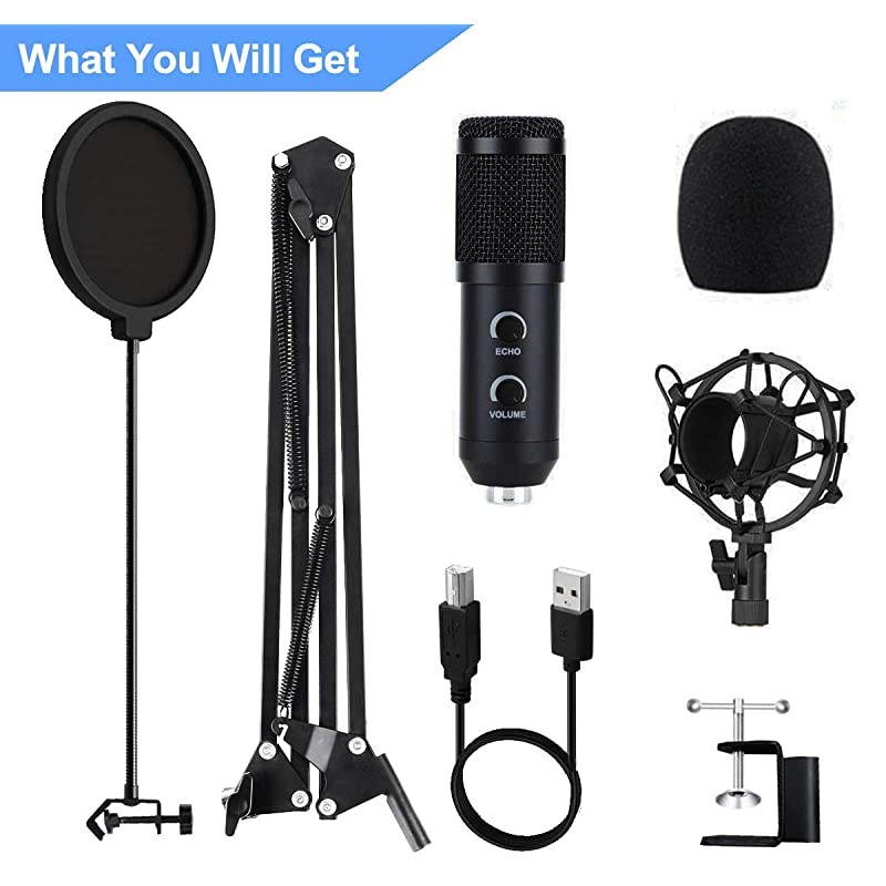 Upgraded USB Condenser Microphone for Computer, Great for Gaming, Podcast, LiveStreaming, YouTube Recording, Karaoke on PC, Plug & Play, with Adjustable Metal Arm Stand, Ideal for Gift, Black