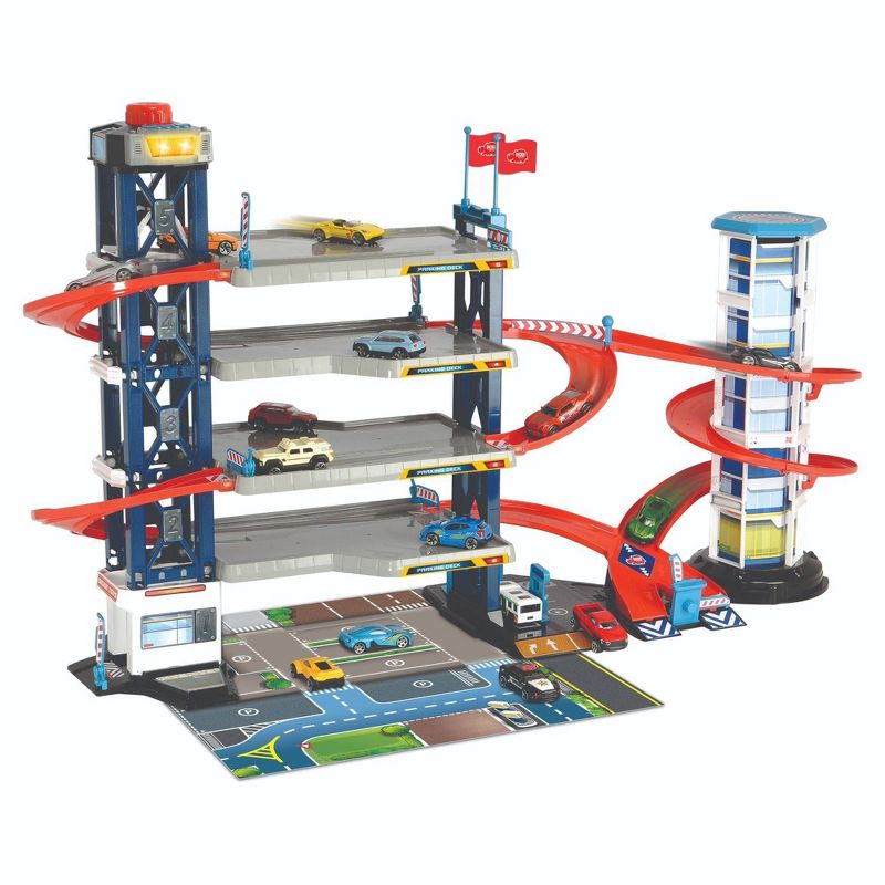Dickie Toys Parking Garage Playset with 4 Diecast Cars and Diecast Helicopter